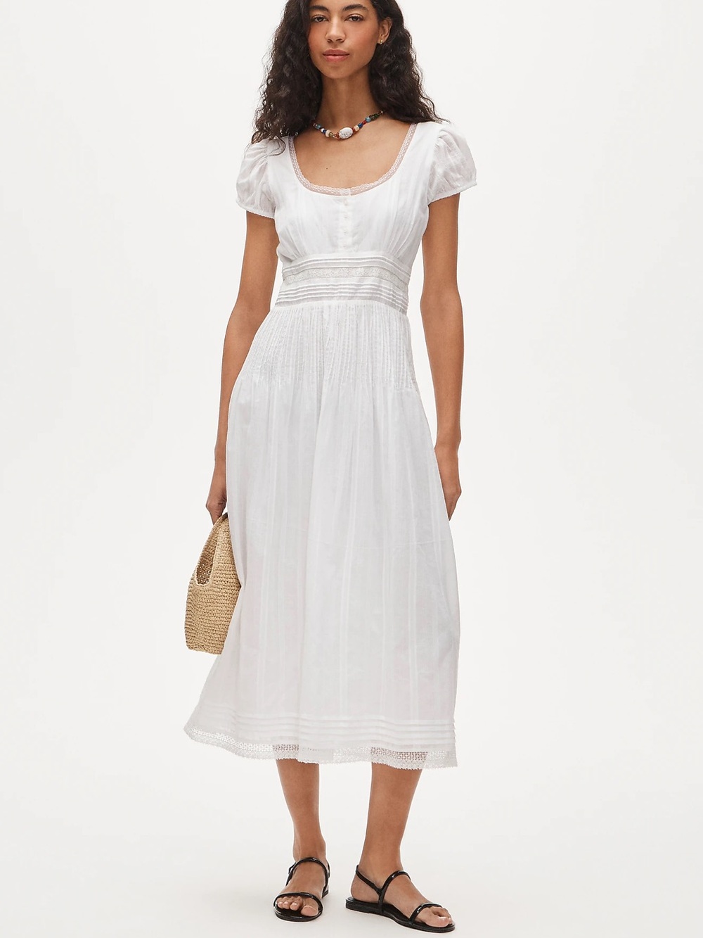 J. Crew Lace Trim Pintuck Midi Dress Size 4 White Cotton Dobby Short Sleeve